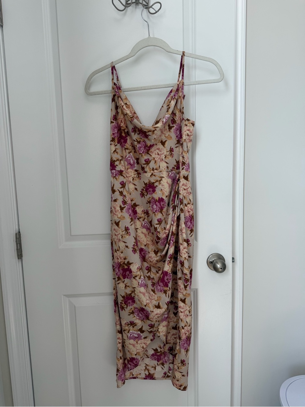 Cowl Neck Floral Midi Dress in Beige and Pink